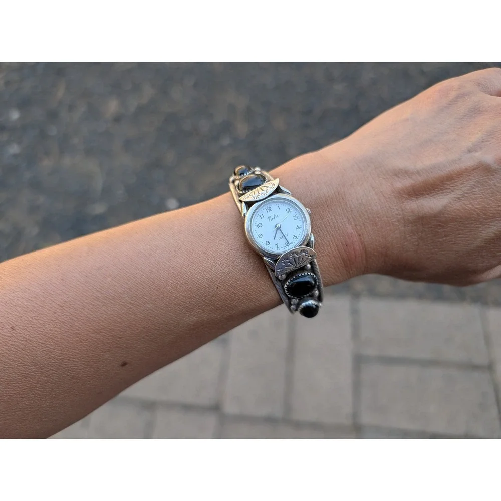 Vintage Navajo Jet Black Stone Cuff Bracelet Handmade Watch Accessory Sz 6.5 **